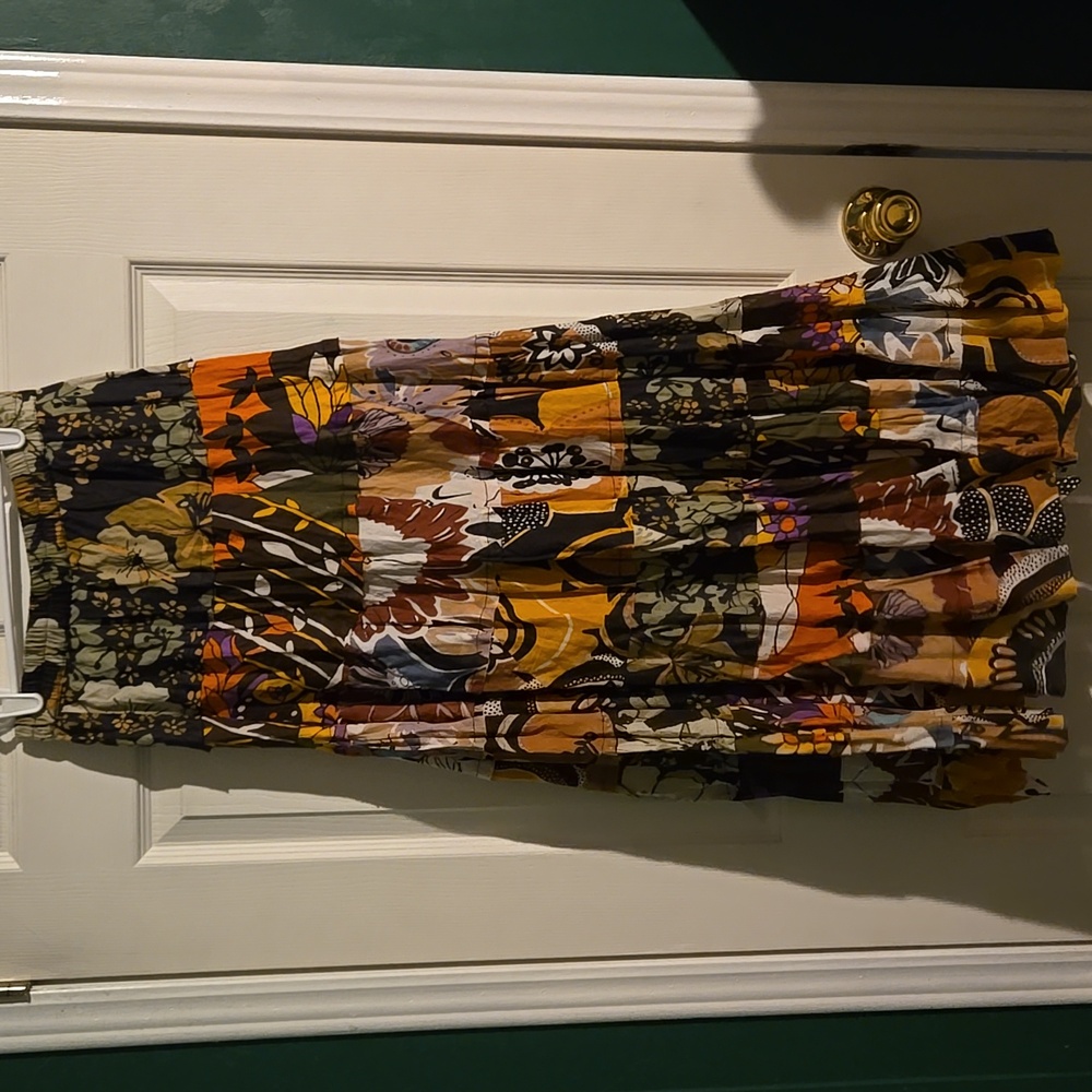 Planet Gold Boho Patchwork Maxi Skirt XS 100% Cotton Floral Crinkle Lined India
